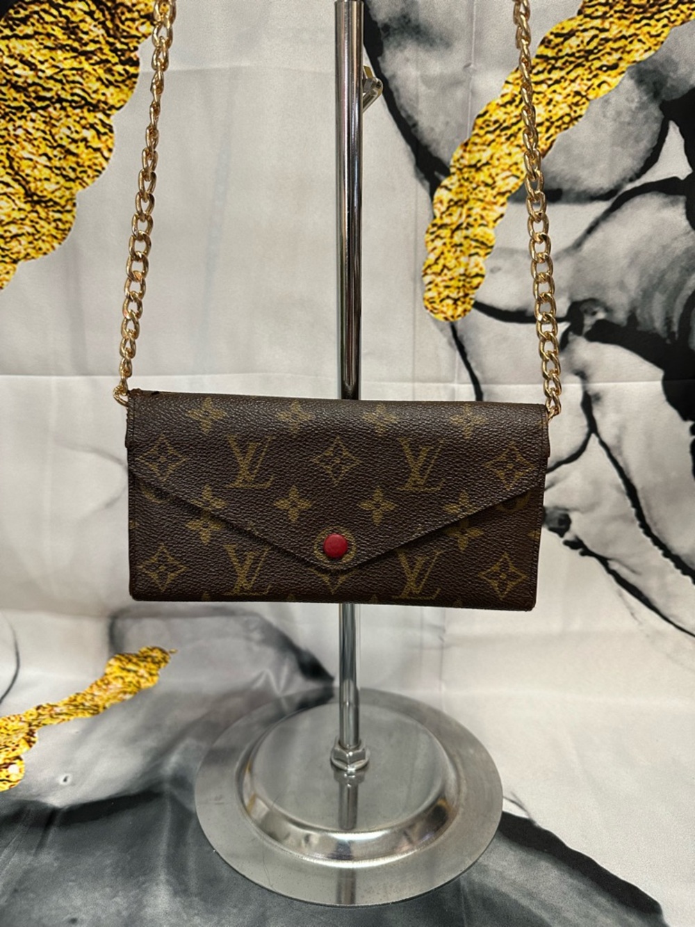 Louis Vuitton Brown Monogram Chain Wallet with Red Snap